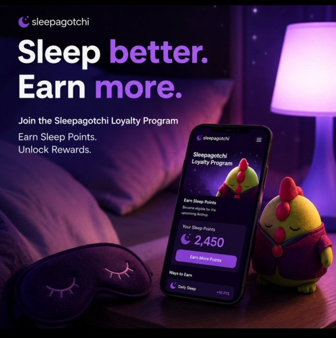 A promotional image for Sleepagotchi's Loyalty Program featuring a smartphone displaying "2,450" Sleep Points and "Earn Sleep Points" features, alongside a plush chick character wearing a sleep mask, all set against a dimly lit bedroom scene with a glowing lamp and closed eyes on a sleeping mask. The visual reinforces the post's message about earning rewards through healthy sleep habits, showcasing the gamified Web3 platform where users collect points for their nightly rest.