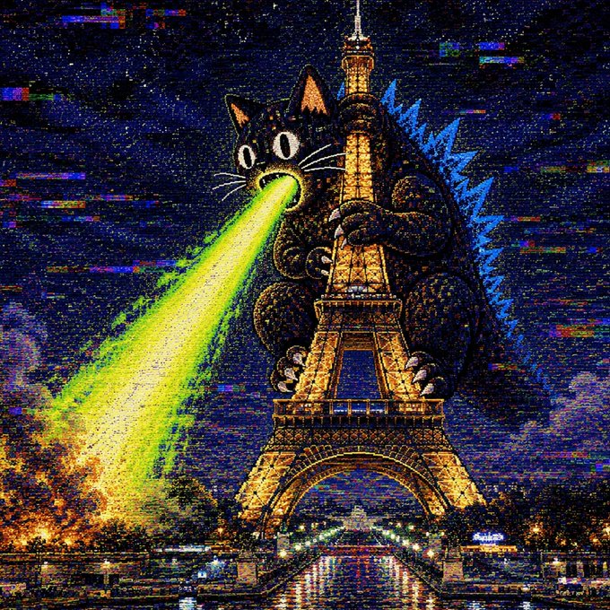 An artistic illustration depicts a giant Godzilla-like cat breathing a green beam at the Eiffel Tower against a pixelated night sky.