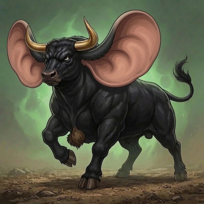 A fantasy digital illustration of a black bull with enormous pink rabbit-like ears and golden horns, charging forward against a green misty background.