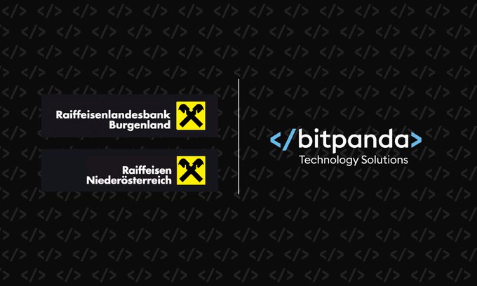 The image features the logos of Raiffeisenlandesbank Burgenland and Raiffeisen Niederösterreich alongside Bitpanda Technology Solutions, visually representing the banking-crypto partnership announced in the post. This branding illustrates how Raiffeisen regional banks are integrating Bitpanda's platform to potentially offer crypto trading access to millions of customers across European markets.