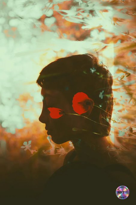 An artistic profile silhouette of a person with bright red eyes, set against a blurred background of autumn foliage, with a small circular NFT logo in the corner.