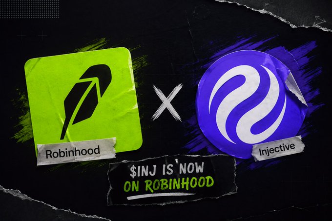 A promotional graphic announcing that the Injective ($INJ) token is now listed on Robinhood, featuring both logos side by side.