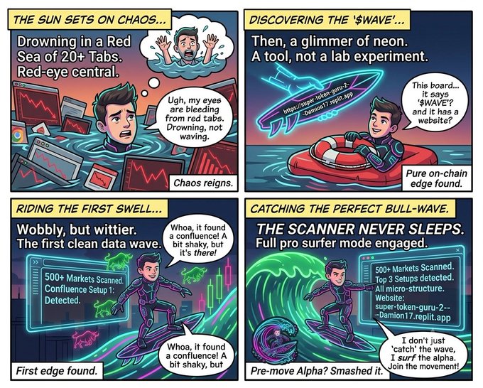 A four-panel comic strip titled with 'Drowning in a Red Sea of 20+ Tabs,' 'Discovering the $WAVE,' 'Riding the First Swell,' and 'Catching the Perfect Bull-Wave,' depicting a crypto trader's journey metaphorically illustrated as surfing.