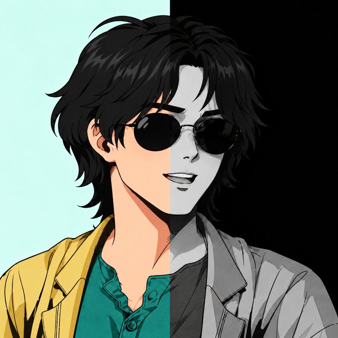 Stylized anime-style illustration of a young man with messy black hair and round dark sunglasses, with the portrait split into colored (teal background, yellow jacket) and black-and-white halves.