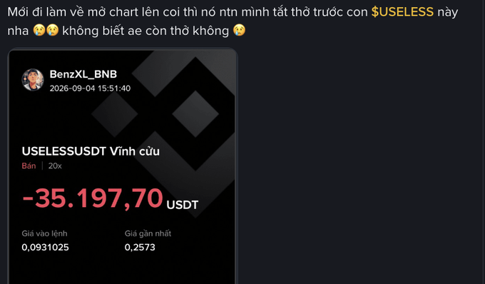 A social media post in Vietnamese discussing a meme chart, showing a trade result for USELESSUSDT of -35.197,70 USDT with entry price 0.0931025 and current price 0.2573.