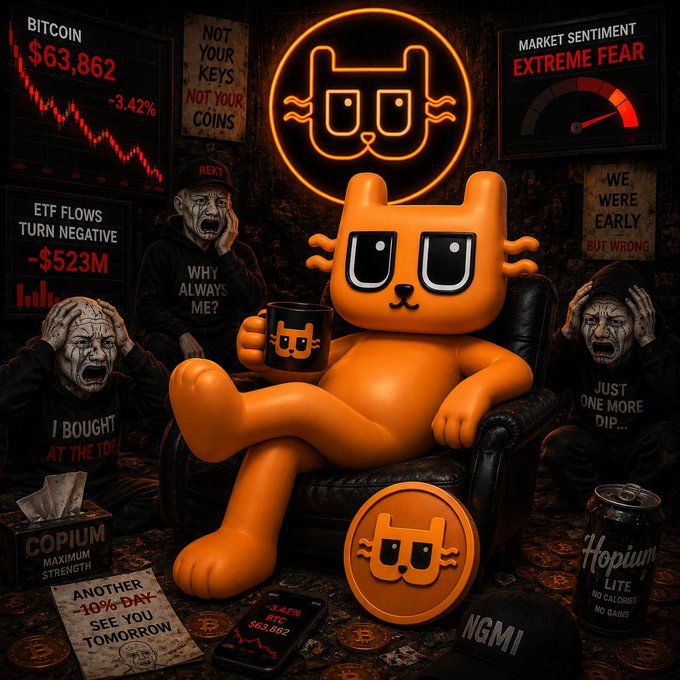 A cartoon-style illustration of an orange cat mascot sitting relaxed in a chair holding a coffee mug, surrounded by distressed figures and signs referencing Bitcoin at $63,862, ETF flows, "market sentiment extreme fear," and phrases like "Copium" and "Hopium Lite."
