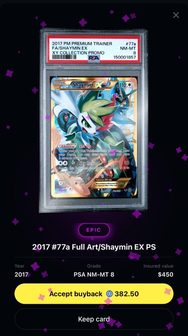 A PSA-graded 2017 Shaymin EX Full Art Pokémon card (#77a) valued at $450 is displayed in a digital trading app, showing a "RIP #77a Full Art/Shaymin EX PS" buyback offer of 382.50 Solflare tokens. The image relates to the post by showcasing the prized pull from a Solflare starter pack opening.