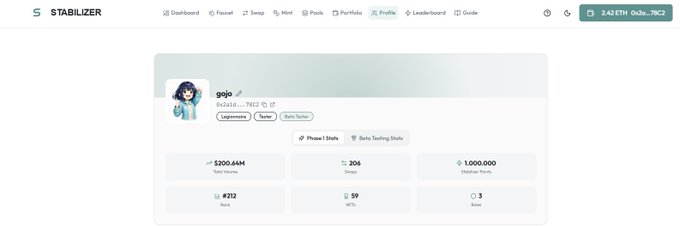 A Stabilizer platform dashboard displaying user "990" (account 0x2a10...79cc) with $200.44M in trade volume, 306 swaps, 1,000,000 Stabilizer Points, rank #212, 59 NFTs, and 3 roles, promoting their zero-slippage stablecoin DEX.