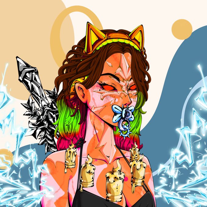A vibrant digital illustration portrays a fierce-looking female warrior with cat ears, red eyes, glowing blue crystals, and gold jewelry.