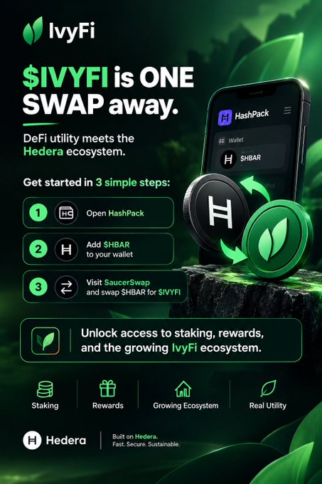 A promotional graphic for 'IvyFi' stating '$IVYFI is ONE SWAP away' as 'DeFi utility meets the Hedera ecosystem,' with 3 steps (Open HashPack, Add $HBAR, Visit SaucerSwap) and icons for Staking, Rewards, Growing Ecosystem, and Real Utility.