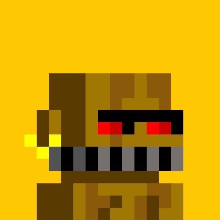 A pixel art image of a brown character with glowing red eyes and a wide toothy grin against a solid mustard yellow background.