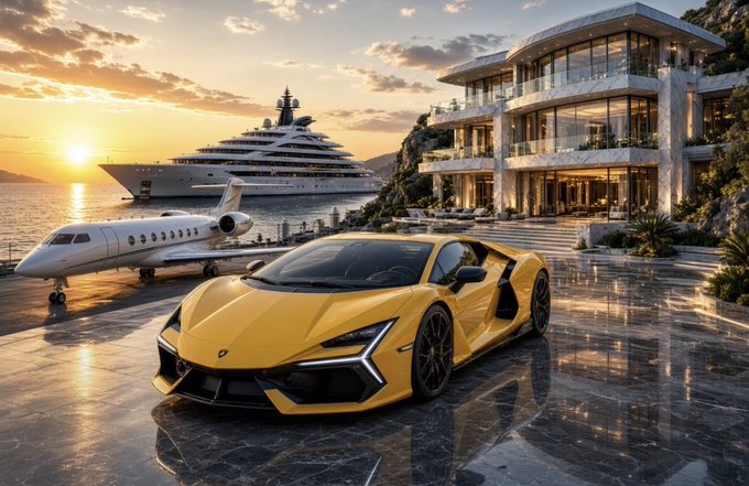 A gleaming Lamborghini sits parked on a polished marble driveway of a luxury cliffside mansion, with a private jet and superyacht anchored in the background at sunset—visually embodying the post's message that early investment ("Ape Early") is the gateway to an opulent, ultra-wealthy lifestyle.