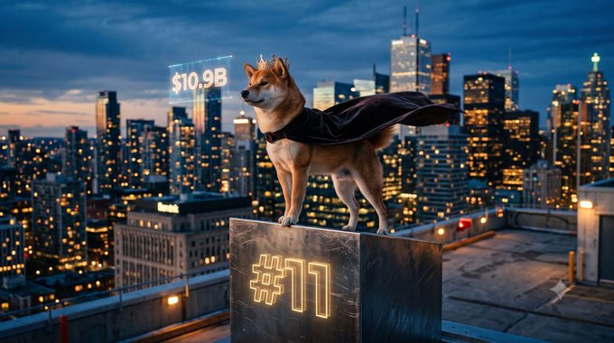 A Shiba Inu dog wearing a crown and cape stands on a pedestal labeled '#11' atop a city rooftop at night, with a holographic '$10.9B' sign floating nearby.