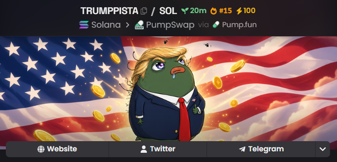 Header banner for TRUMPPISTA memecoin on Solana via PumpSwap through Pump.fun, featuring a cartoon green Pepe-like character in a Trump suit and red tie against an American flag background with gold coins.
