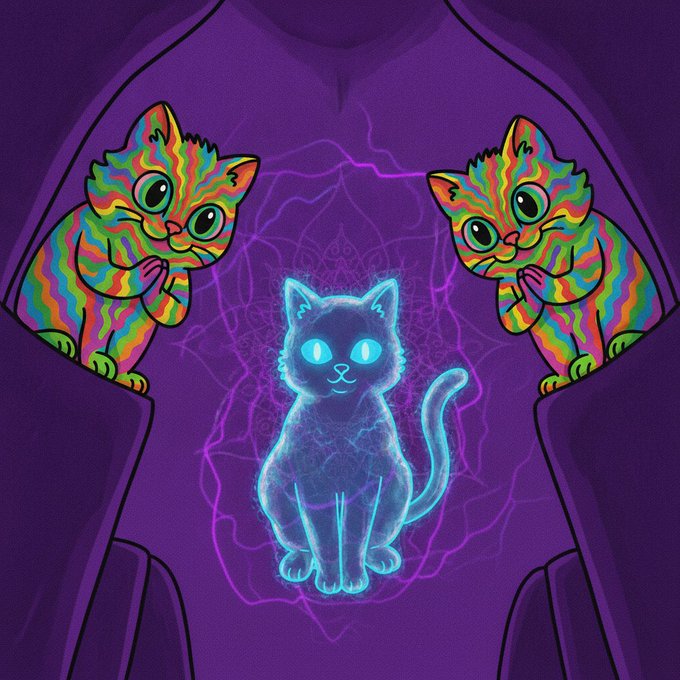 An illustration of two colorful psychedelic kittens peering through a purple hood at a glowing blue spectral cat.