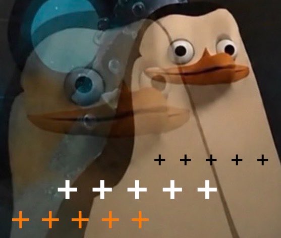 A close-up of a yellow rubber duck toy behind glass with orange and white plus-sign overlays scattered across the lower portion of the image.