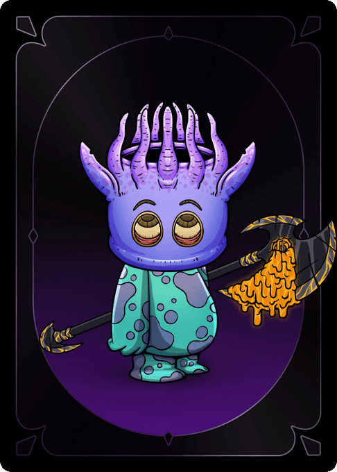 A whimsical tarot-card style illustration of a purple alien-like creature with large eyes and a crown of tentacles, wearing a teal spotted robe and holding a scythe dripping with golden honey.