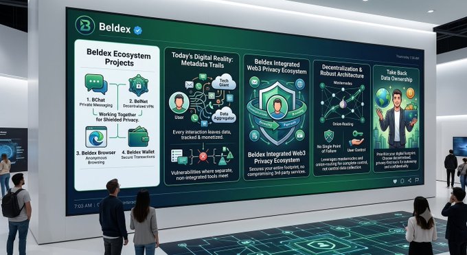 A large digital display board showcasing the 'Beldex' ecosystem projects, including BChat, BelNet, Beldex Browser, and Beldex Wallet, with onlookers standing below.