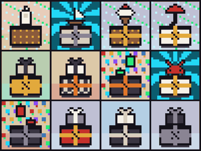 A pixel art grid displays 12 wrapped gift boxes with various designs, ribbons, and bows in different colors and patterns, likely representing NFTs from a newly launched collection on the uTokenPro platform.