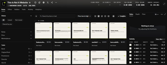 A screenshot of the "$WEBSITE" NFT marketplace interface on the Rarible blockchain (RARI token), showing a digital canvas titled "This Is Not A Website" (floor price 18 FLOOR, top offer 240 USDC, total 0.00 USDC, owners 41, owned by Northwood Chain, age 3426 days). The grid displays tradable website components like headlines ("AAAAAAAAAAAA!!!", "BUY THIS BUTTON", "WAGER ON $SOL"), buttons, and text blocks priced at 871 RARI each, with no bids listed—visually embodying the concept of a modular, NFT-owned website where every element is a separately claimable asset.