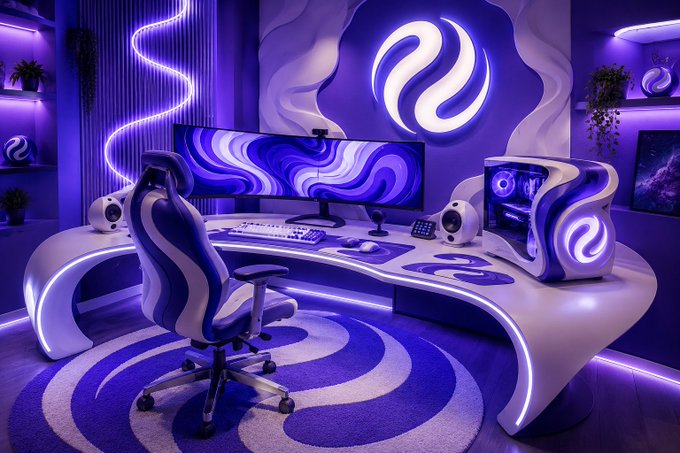 The image features an office space with purple neon lights that create a futuristic atmosphere. The room contains various electronic equipment such as a computer monitor, keyboard, mouse, speakers, and a TV screen. A chair is positioned near these items, suggesting a comfortable working environment. The office also has a unique design with blue and white colors, giving it an industrial or futuristic vibe.