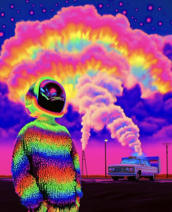 A vibrant psychedelic digital artwork featuring an astronaut in a rainbow-colored furry suit standing beside a vintage car emitting colorful plumes of smoke against a magenta sky.