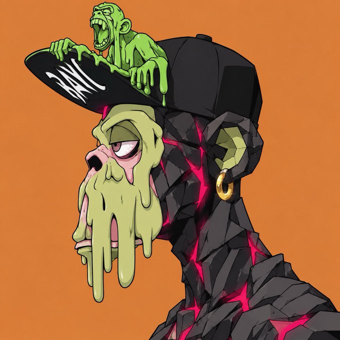 A surreal digital illustration depicts a melting, skull-like face with green slime dripping from it, topped with a black cap bearing a small green screaming creature, set against a flat orange background.