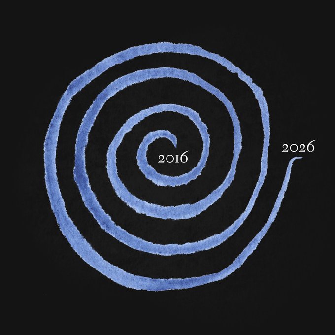 A blue spiral drawn in a chalk-like texture on a black background, with the text "2016" at the center and "2026" at the end of the spiral's tail.