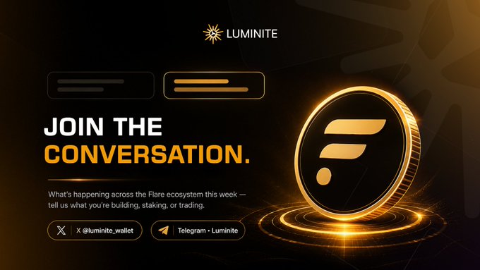 A promotional graphic for 'LUMINITE' featuring a gold coin and text reading 'JOIN THE CONVERSATION,' promoting their Twitter and Telegram channels.