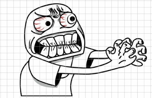 A black and white rage comic style illustration of an angry character with wide bloodshot eyes, gritted teeth, and clawed hands extended forward on a graph paper background.