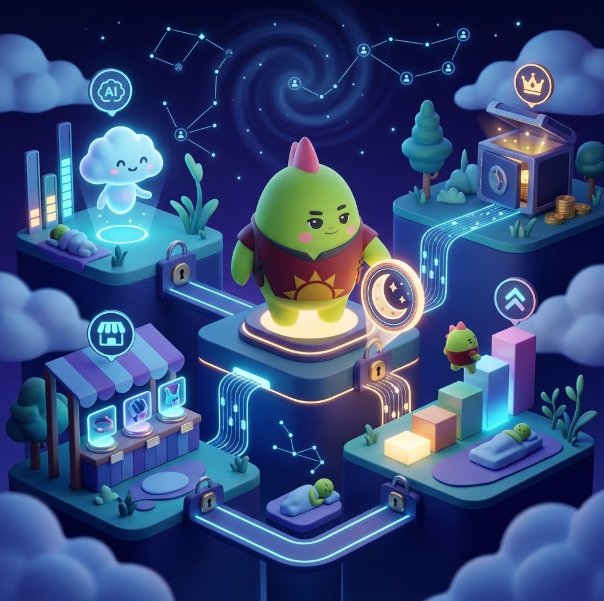 A digital illustration in an isometric style showing a green cartoon character on a platform surrounded by various floating islands with icons related to AI, technology, and a treasure chest, set against a starry night sky.