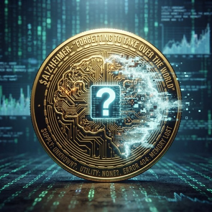 A gold Bitcoin-style cryptocurrency coin engraved with 'SAIZHEIMER - "FORGETTING TO TAKE OVER THE WORLD"' and 'SUPPLY: UNKNOWN? UTILITY: NONE?, ERROR 404: MEMORY LOST' featuring a digital question mark chip in the center.
