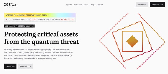 The Quip Network website homepage featuring 'Protecting critical assets from the quantum threat' with stats showing 21,397 wallets protected and $1,892,127.74 quantum protected value.