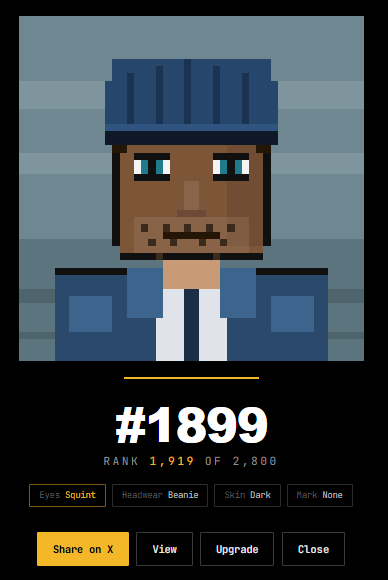 A pixel art NFT character portrait showing a dark-skinned figure with a blue beanie, labeled '#1899' with 'RANK 1,919 OF 2,800' and tags for 'Eyes: Squint', 'Headwear: Beanie', 'Skin: Dark', 'Mark: None'.