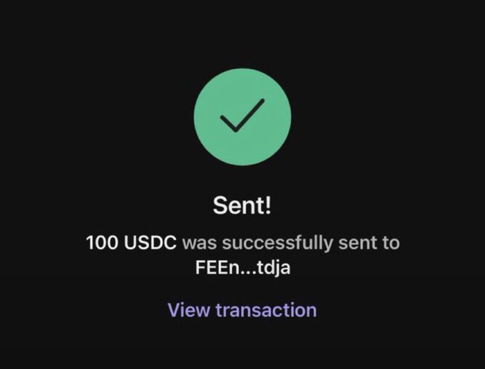 The image is a screenshot of a successful crypto transaction confirmation showing "Sent! 100 USDC was successfully sent to FEEn...tdja," which is being used as false proof of payment to promote the accompanying post's fake "$100 USDC giveaway" giveaway scam.