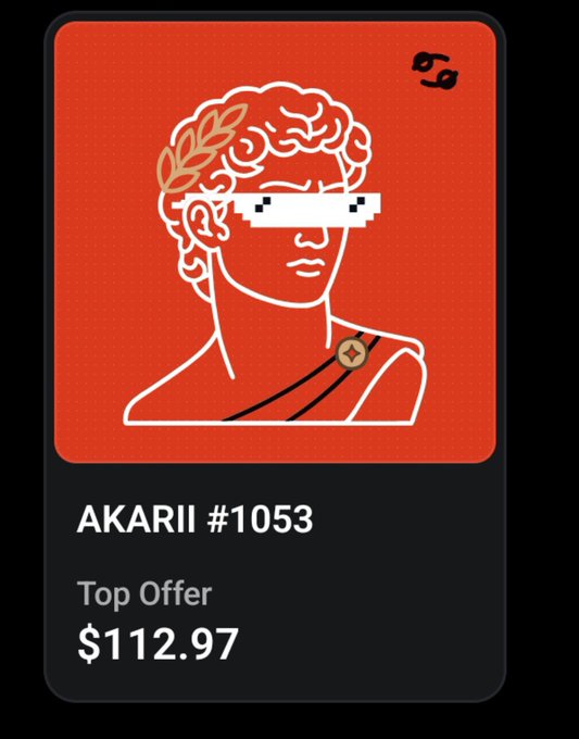 NFT marketplace card showing the same Greek bust with pixel sunglasses on a red background, labeled 'AKARI #1053' with a 'Top Offer $112.97'.