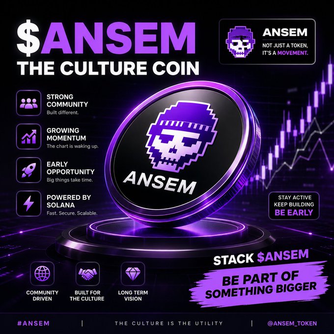 A promotional graphic for the $ANSEM cryptocurrency token features a purple pixel-art skull on a metallic coin against a dark background with a rising chart, highlighting key selling points like "Strong Community," "Growing Momentum," "Early Opportunity," and being "Powered by Solana." The image reinforces the post's message about community-driven momentum and early-stage opportunity, with calls to "Stack $ANSEM" and "Be Part of Something Bigger."