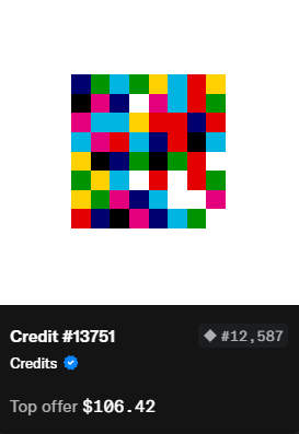 A digital NFT-style artwork displaying a colorful pixelated square pattern, listed as Credit #13751 valued at $106.42 with 12,587 credits.