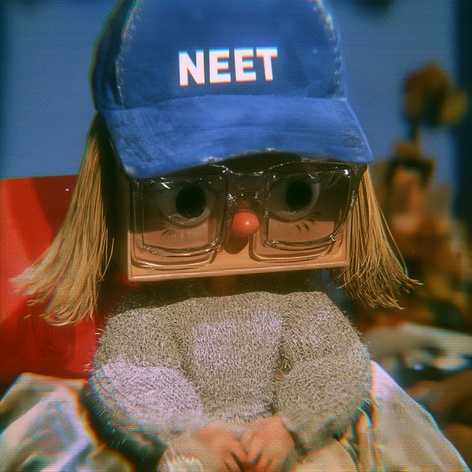 A doll with blonde hair wearing a blue baseball cap with "NEET" written in white, large square glasses, and a gray scarf.