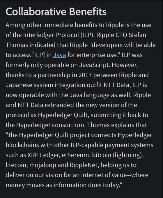 The image displays a text excerpt titled "Collaborative Benefits" detailing Ripple's partnership with NTT Data to develop Hyperledger Quilt, which enables the Interledger Protocol (ILP) to operate with Java, connecting various blockchain payment systems including XRP Ledger, Ethereum, Bitcoin (Lightning), Litecoin, Mojaloop, and RippleNet. The accompanying post claims that Ripple created Hyperledger (the broader consortium) and uses Hyperledger Besu for DTCC digital conversions, suggesting mainstream financial media figures lack this insider knowledge that the poster claims to possess.
