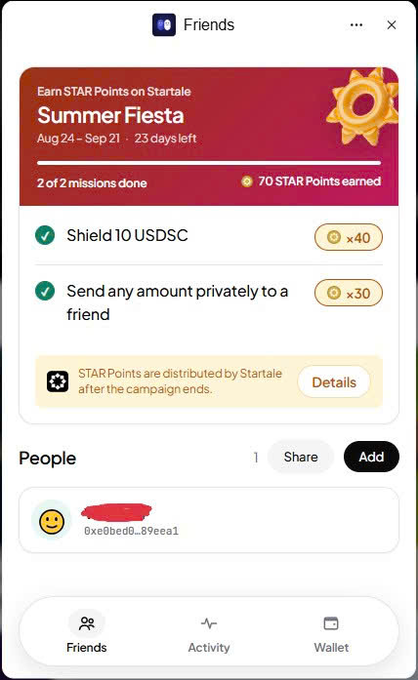A mobile app interface showing a Friends section with a 'Summer Fiesta' Star Points campaign from Aug 24 - Sep 21, where 2 of 2 missions (Shield 10 USDSC and Send any amount privately to a friend) are completed for 70 STAR Points.