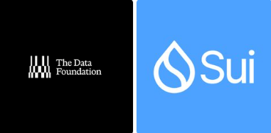 A split image showing 'The Data Foundation' logo on a black background on the left, and the 'Sui' blockchain logo with its water drop symbol on a blue background on the right.