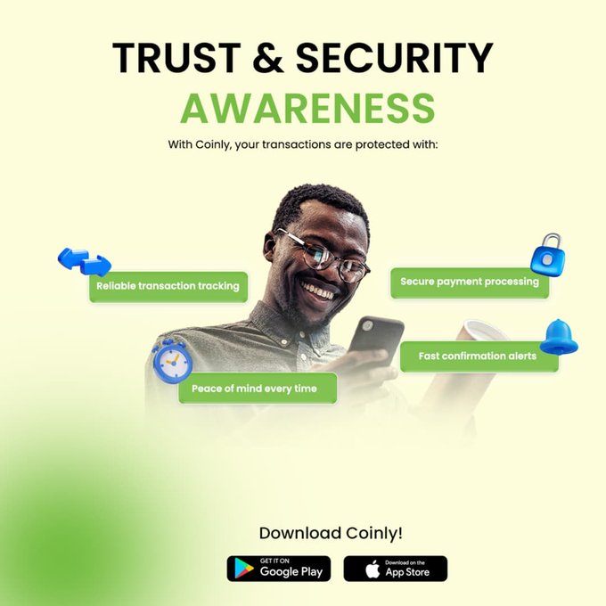 Promotional advertisement for 'Coinly' featuring a smiling man with a phone, highlighting 'Trust & Security Awareness' with features like reliable transaction tracking, secure payment processing, and fast confirmation alerts.
