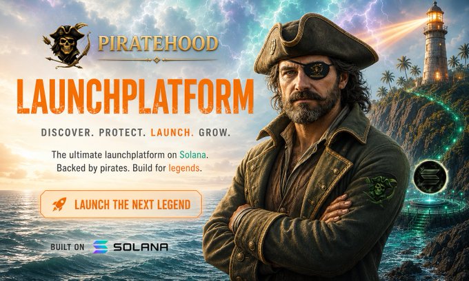 The image features a pirate ship with a man wearing a hat, possibly a pirate captain or sailor, standing next to it. The background of the image shows an ocean scene with a lighthouse. The text "piratehood" appears multiple times throughout the image, suggesting that this is related to a pirate-themed game or platform. The post also mentions that the pirate ship and its crew are backed by pirates, which could be a reference to the pirate-themed game or platform being launched on Solana.