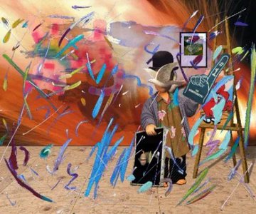 A surreal digital artwork featuring a cowboy figure holding a chalking board, surrounded by colorful paint splatters and abstract shapes, with a 'no smoking' sign visible in the background.