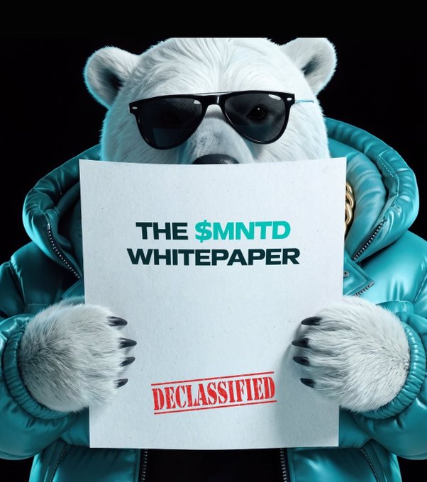 A digital illustration of a polar bear wearing sunglasses and a teal puffer jacket, holding a document titled 'THE $MNTD WHITEPAPER' stamped 'DECLASSIFIED' in red.