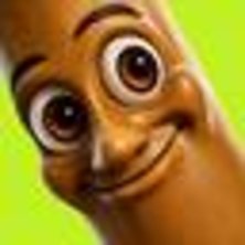 A close-up of a smiling animated potato character with large googly eyes on a bright green background.
