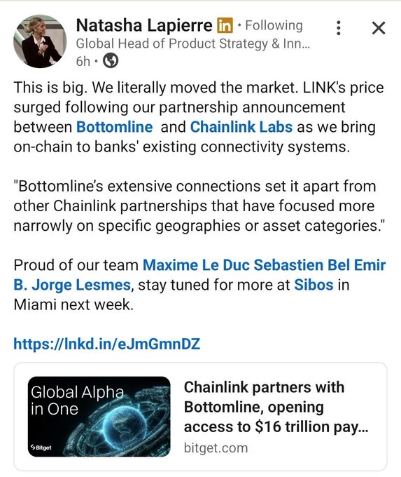 A LinkedIn post by Natasha Lapierre (Global Head of Product Strategy & Innovation) celebrating LINK's price surge following a partnership announcement between Bottomline and Chainlink Labs to bring on-chain connectivity to banks, with a Bitget article titled 'Chainlink partners with Bottomline, opening access to $16 trillion pay...'