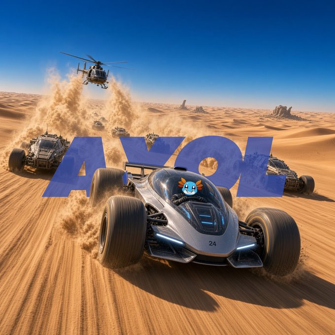 An AI-generated image showing a futuristic dune buggy with a small character driver racing through a desert landscape, with a helicopter and other buggies in the background, overlaid with large blue 'AXOL' text.