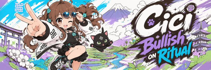 The image features a cartoon girl with brown hair wearing sunglasses, holding up two peace signs while standing next to a banner that says "bullish on ritual!". The text on the banner includes mentions of community building, experimentation, and @jez_cryptoz's idea for a new project.